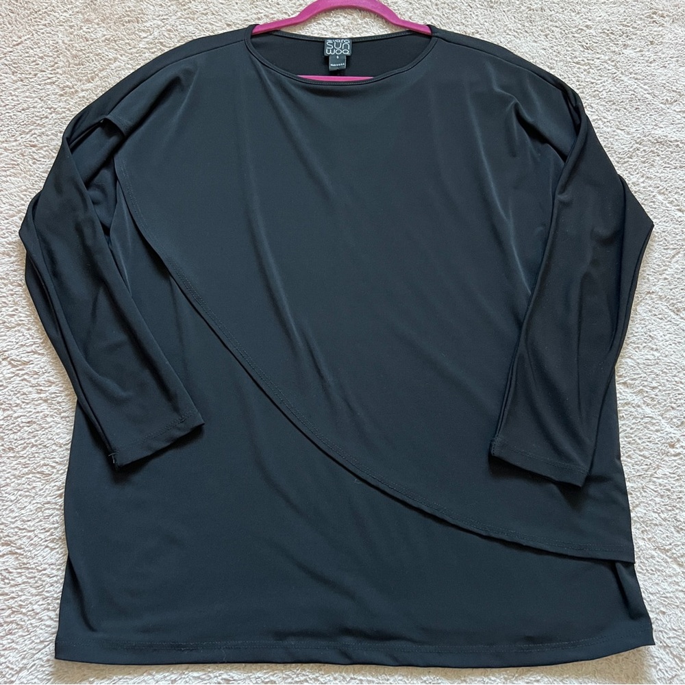 Clara Sun Woo Black Draped Layer Front Blouse Preppy Minimalist Whimsical Size S